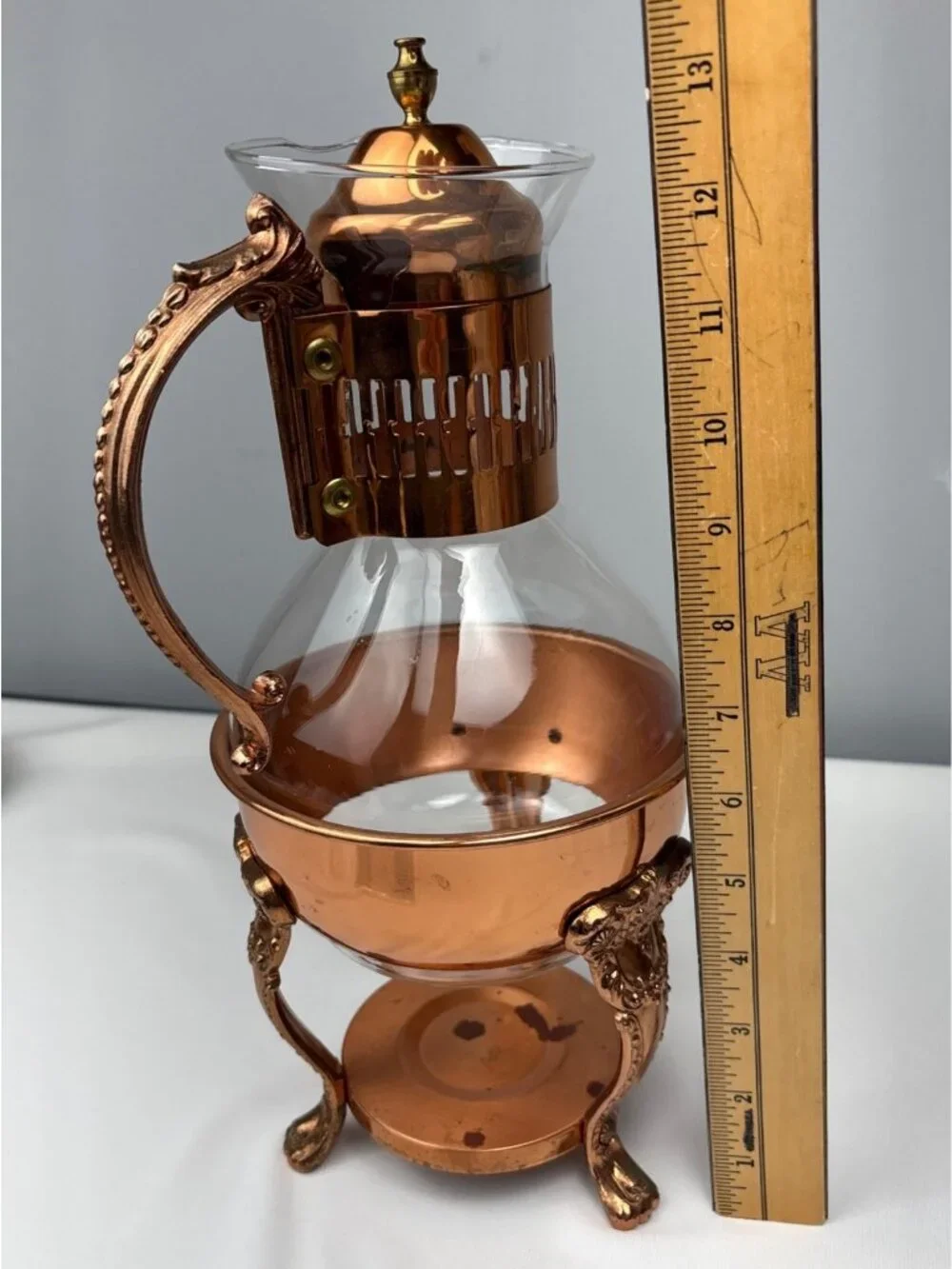 Princess House Copper Brass Coffee/Tea Carafe Lid Ornate Stand Vintage
